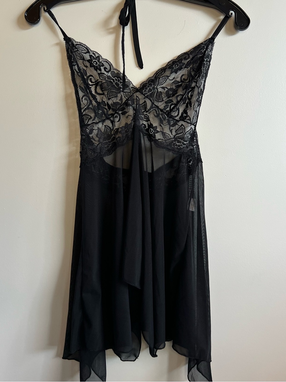 Vintage Black Lace Halter Babydoll Chemise Nightgown Lingerie Sheer Hem One Size